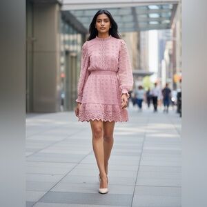 Simplee Apparel Dusty Pink Lace-Trim Long Sleeve Mini Dress